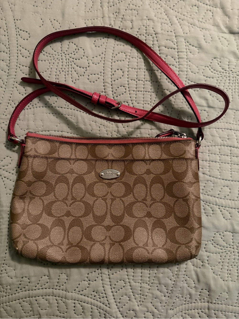 Light Brown Signature Pattern Crossbody with Pink Trim